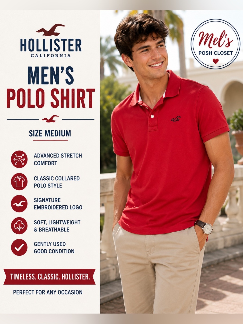 Hollister Red Polo Shirt Men’s Medium Classic Casual Stretch Logo Tee